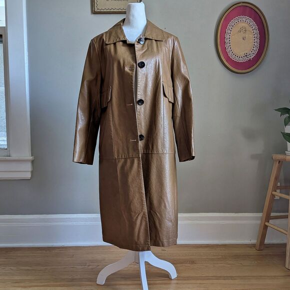 Vintage Y2K Dianzhi Faux Leather Trench Coat Jacket Longline Brown Size 11 - Picture 4 of 12